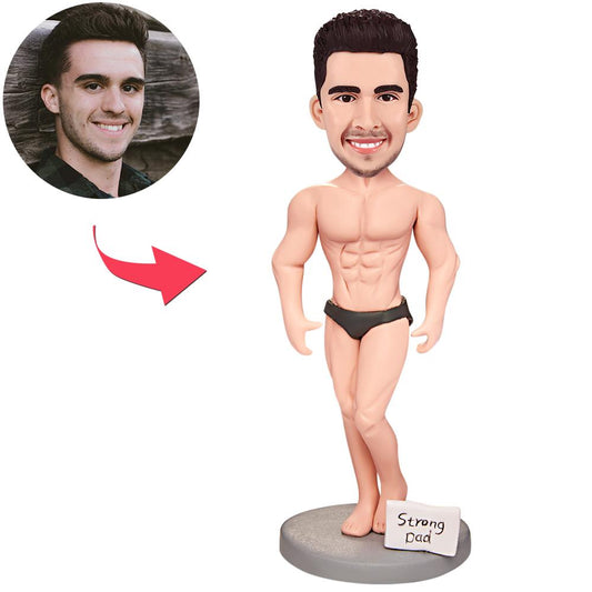 Personalised Muscle Daddy custom bobblehead with engraved text on base — personalised polymer clay figurine with customised head likeness, perfect personalised bobblehead gift for Australia & UK