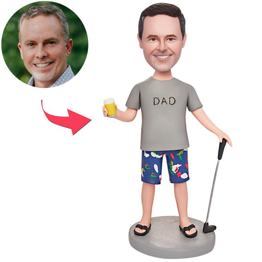 Personalised golf dad bobblehead in polymer clay with custom engraved base, male figure holding a golf club — handcrafted keepsake gift for Father’s Day