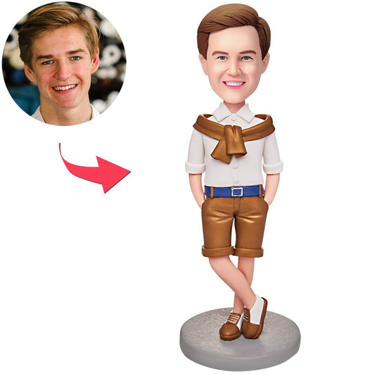 Gentleman Dad personalised bobblehead in polymer clay with customised head, classic suit and engraved base — personalised dad gift with engraved text