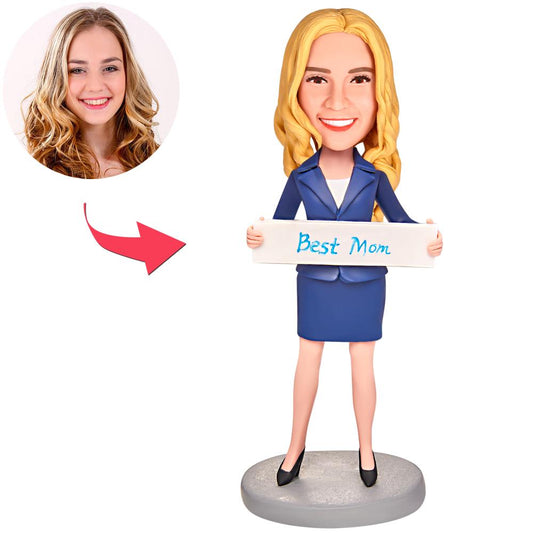 Front-facing personalised bobblehead of a mum in polymer clay with engraved text on the base — customised bobblehead keepsake for Mother’s Day or birthday, personalised bobblehead gift for Mum in Australia and the UK