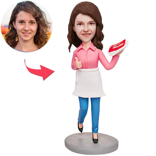 Personalised chef bobblehead ‘Chef Mum’ in polymer clay wearing a chef’s uniform with engraved base — a customised chef keepsake and engraved chef gift