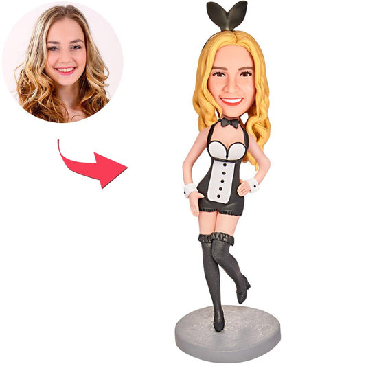 Personalised Bunny Girl custom bobblehead – handmade polymer clay figurine with engraved text on the base, custom head matched to your photo for a unique keepsake
