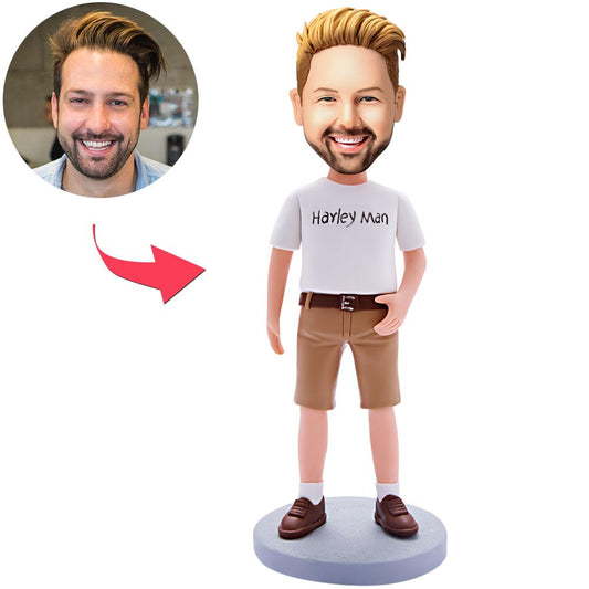 Personalised Harley man polymer clay bobblehead with engraved text on base — custom head likeness, perfect motorcycle enthusiast gift
