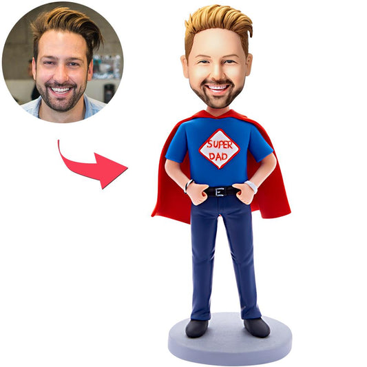 Personalised Super Dad bobblehead front view – polymer clay figurine with a customised head modelled from your photo on a classic superhero body and an engraved base for name or message