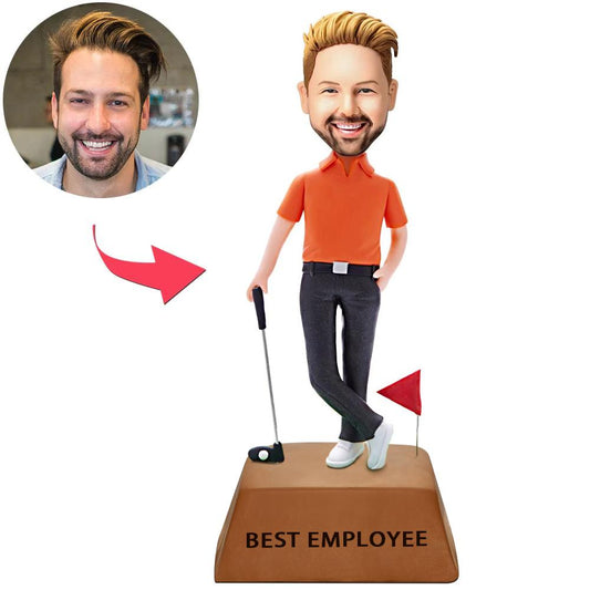 Side view of personalised golf bobblehead showing pose and clothing — custom bobblehead trophy for employees