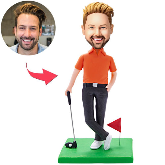 Side view of personalised golf bobblehead showing pose and clothing — custom bobblehead trophy for employees