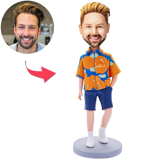 Personalised polymer clay Hawaiian shirt bobblehead for men with engraved text on the base — custom head modelled from your photos with ready-made body, ideal personalised gift