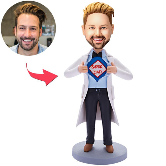 Custom bobblehead ‘Super Dad Super Doctor’ polymer clay figure with personalised head from your photo and engraved text on the base – ideal engraved gift for dad and personalised doctor bobblehead (UK & Australia)
