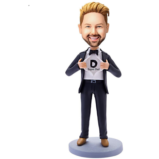 Personalised Super Dad bobblehead — polymer clay Super Businessman in suit with red cape and engraved text on base, customised bobblehead gift