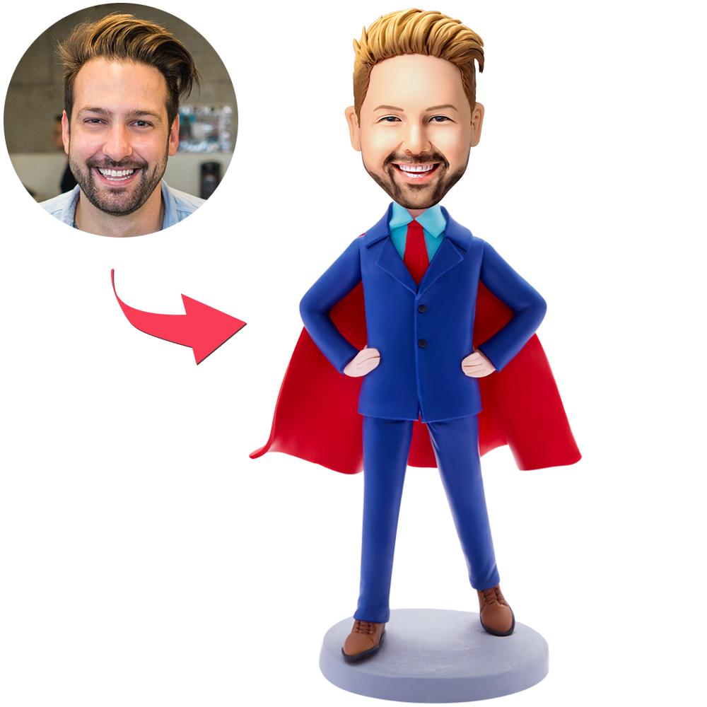 Front view of handmade personalised blue suit businessman bobblehead with engraved base, custom head from photos and polymer clay finish — ideal corporate desk ornament