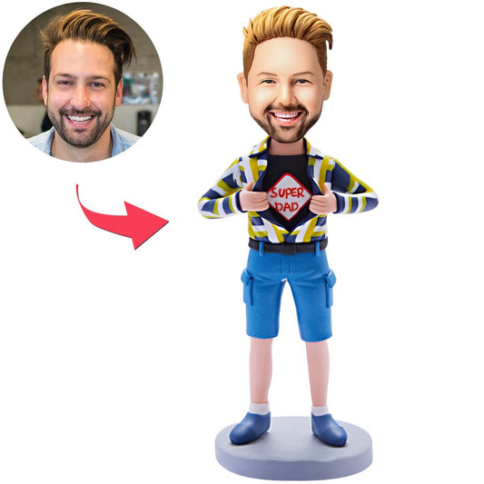 Custom Bobblehead Super Dad personalised engraved text – polymer clay superhero figure with customised head and engraved base, ideal Father's Day gift