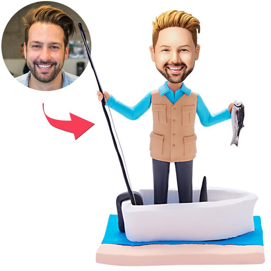 Personalised fisherman bobblehead on a boat with engraved text, polymer clay figurine with custom head — ideal gift for anglers in the UK and Australia