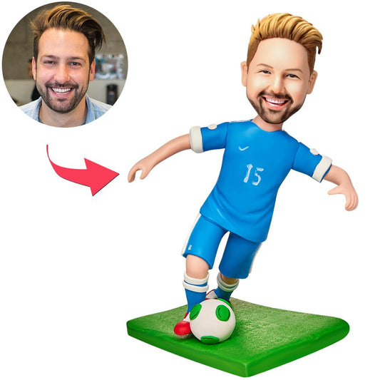 Personalised running football (soccer) bobblehead with engraved text on base, handcrafted polymer clay player in kit with custom head and hairstyle
