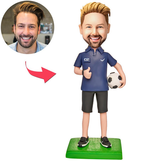 Personalised polo shirt soccer bobblehead with engraved text – handmade polymer clay figurine with customised head, ideal football fan gift