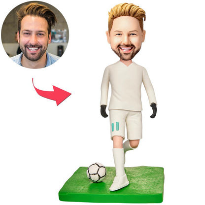 Personalised polymer clay white sportswear soccer bobblehead, front view showing the customised head and engraved base — ideal personalised gift for football players, coaches and fans