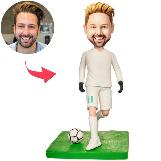 Personalised polymer clay white sportswear soccer bobblehead, front view showing the customised head and engraved base — ideal personalised gift for football players, coaches and fans