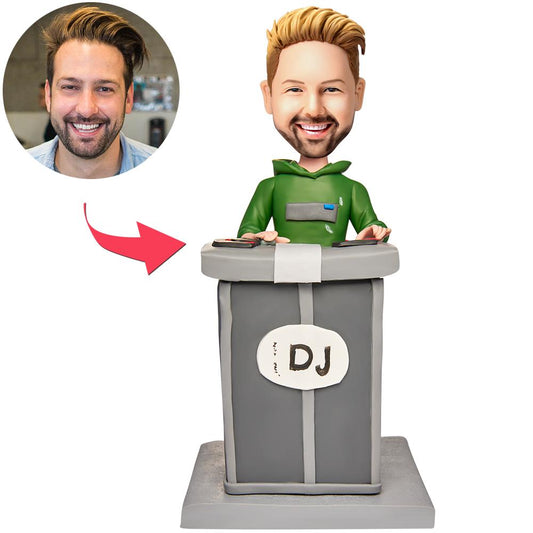 Front view of personalised DJ bobblehead — custom polymer clay figurine with engraved base, customised head and DJ outfit (custom bobblehead, engraved bobblehead)