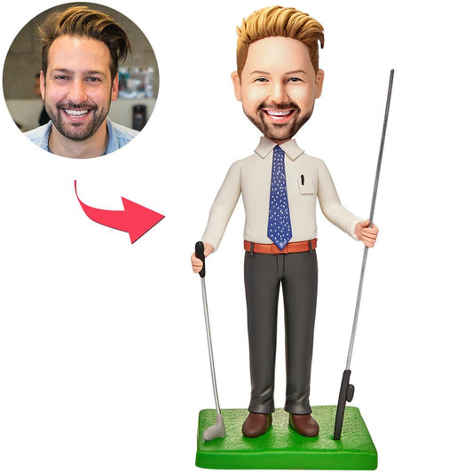 Personalised white business-suit golf bobblehead with engraved text – polymer clay figurine holding a golf club, customised head matched to your photo, ideal corporate golf gift