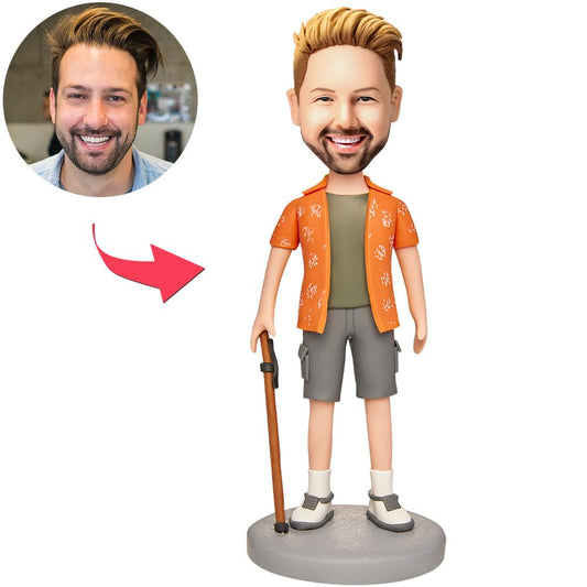 Personalised casual shirt & shorts bobblehead with custom head likeness and engraved base – bespoke polymer clay gift