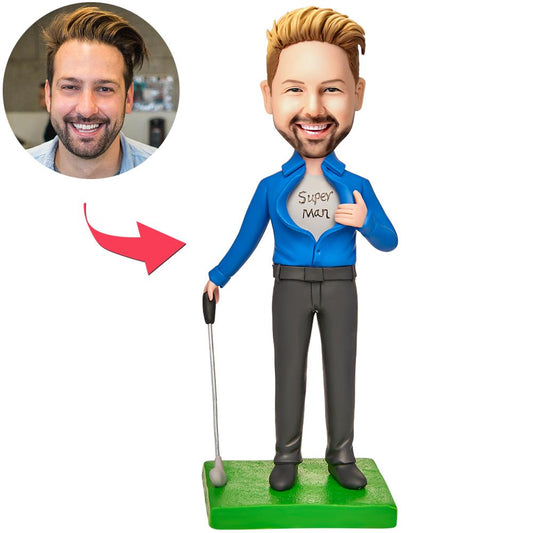 Personalised business men's golf bobblehead in suit holding a putter, hand-crafted polymer clay with customised head and engraved base — ideal personalised golf bobblehead gift for corporate awards and golfers