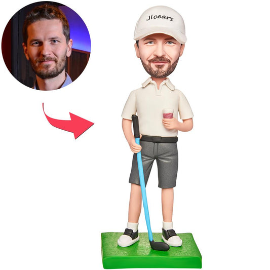Personalised polymer clay male bobblehead in golf business sportswear with engraved base and custom head from your photo – personalised engraved text, ideal corporate golf or baseball gift