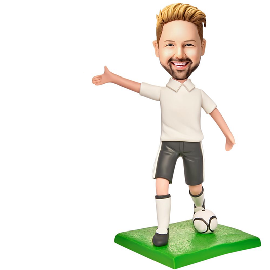 Personalised casual men's soccer bobblehead with engraved text – polymer clay custom football fan gift, front view
