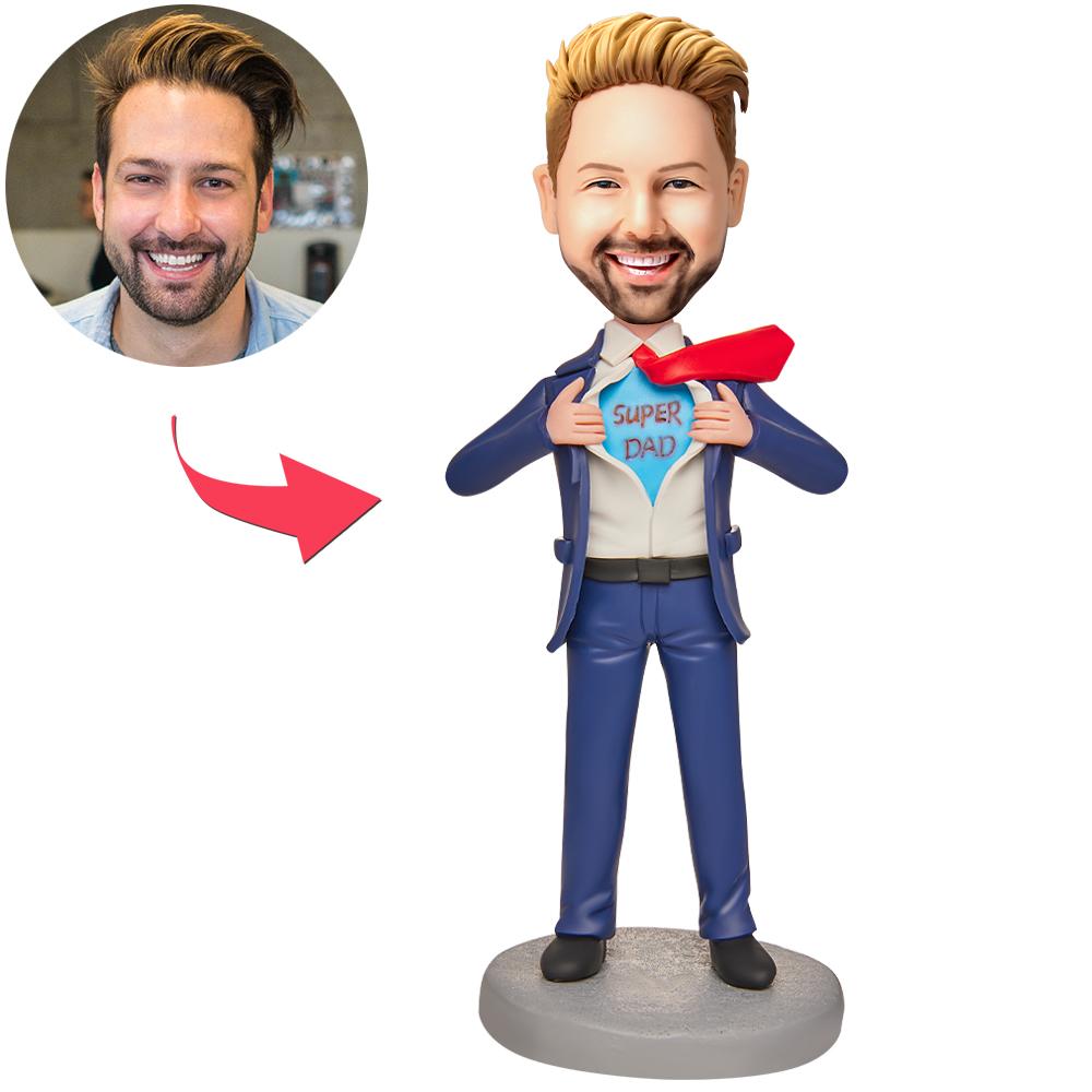 Super Dad Suit personalised men's bobblehead — custom engraved text on a handcrafted polymer clay base, personalised face gift for Father's Day or birthday