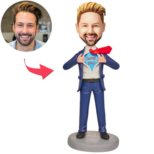 Super Dad Suit personalised men's bobblehead — custom engraved text on a handcrafted polymer clay base, personalised face gift for Father's Day or birthday
