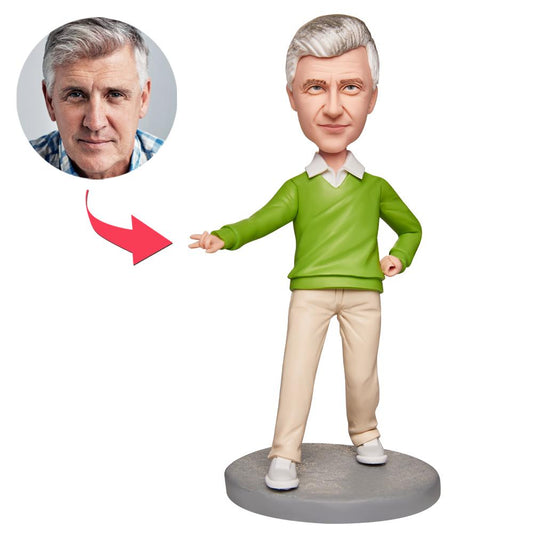 Casual Male Green personalised bobblehead – handcrafted polymer clay collectible with a custom head likeness and engraved base text, ideal personalised gift for groomsmen or Father’s Day in the UK and Australia