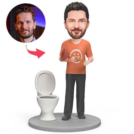 Personalised 'Man Cleans the Toilet' bobblehead with customised photo-based head and engraved base — polymer clay novelty figurine, ideal toilet-humour gift or engraved bobblehead for him