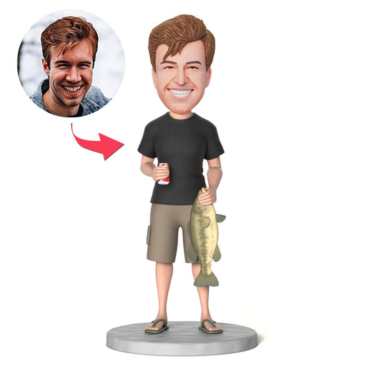 Catch a Big Fish personalised men's bobblehead in black shirt with engraved text, customised face gift for him
