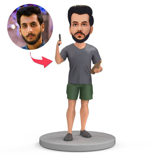 Front view of Guns & Beer Personalised Bobblehead — handcrafted polymer clay figurine with customised head from your photo and personalised engraving on the base, ideal gift keepsake