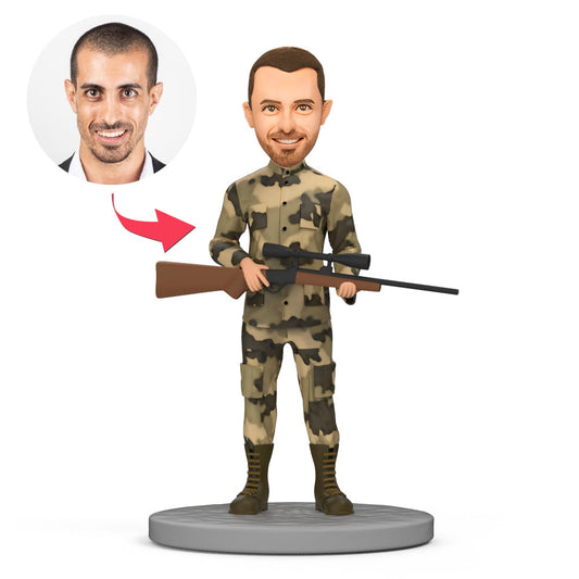 Personalised camouflage bobblehead polymer clay figurine with gun — head customised only and engraved base for name or short quote