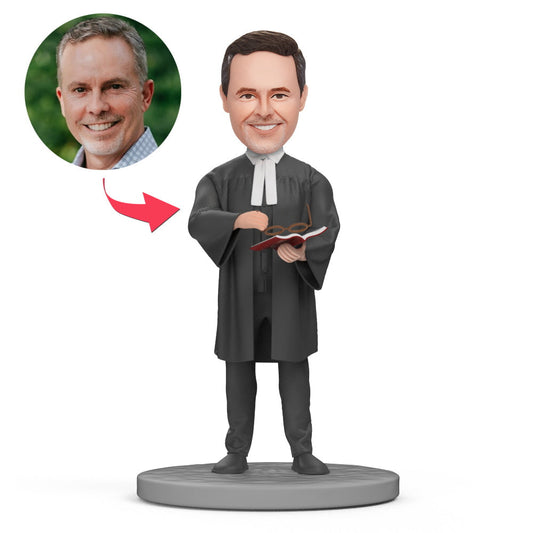 Personalised lawyer bobblehead with glasses reading a book — custom head personalised from your photo with engraved base; polymer clay solicitor desk ornament and legal graduation gift (UK & AU)