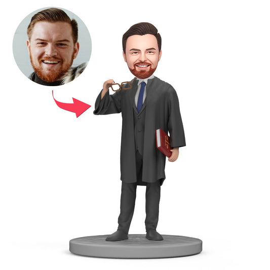 Personalised black‑suit lawyer bobblehead with engraved name — bespoke mini‑me figurine for barristers and solicitors; photo to bobblehead, personalised bobbleheads UK