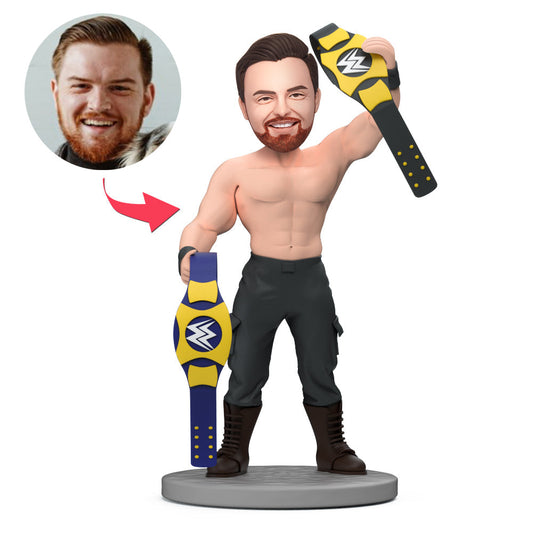 Personalised wrestler Grand Slam belt bobblehead with custom photo head, engraved championship-style belt and polymer clay figurine ideal for men’s gifts
