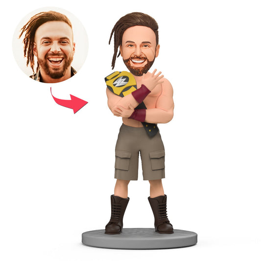 Wrestler's Championship personalised bobblehead with engraved base text — custom polymer clay head personalised from your photo, champion trophy pose