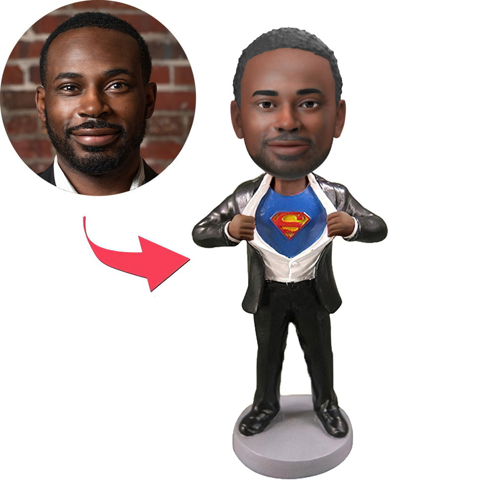 Custom Superman black suit bobblehead with personalised head from your photo and engraved text on base – handmade polymer clay gift for him