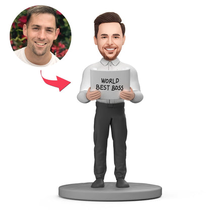 WORLD BEST BOSS custom bobblehead with engraved text, polymer clay full‑standing (head‑to‑toe) personalised figure with short hairstyle bobble head