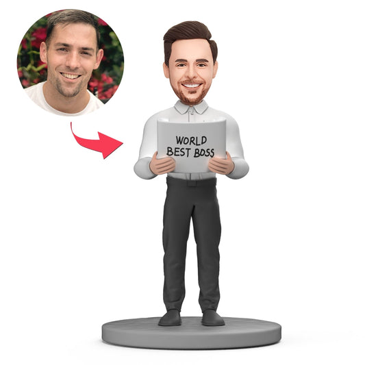 WORLD BEST BOSS custom bobblehead with engraved text, polymer clay full‑standing (head‑to‑toe) personalised figure with short hairstyle bobble head