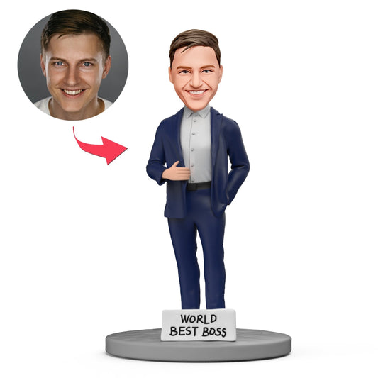 World's Best Boss personalised bobblehead with engraved base — custom head sculpted from your photo, hand‑finished polymer clay office gift for retirement or birthday