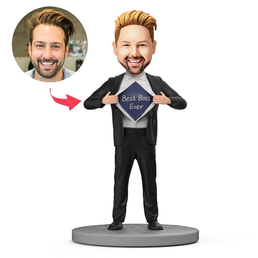 BEST BOSS EVER personalised polymer clay bobblehead with engraved base — custom bobblehead desk ornament and novelty personalised boss gift