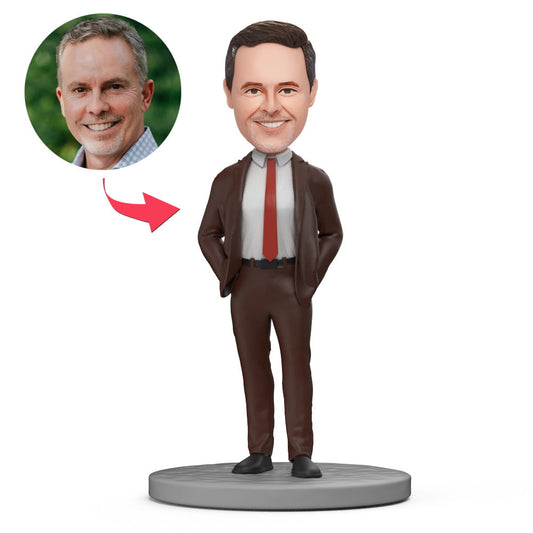 Boss's Day personalised bobblehead in a handsome suit — polymer clay figure with custom head and engraved base; perfect gift for boss, colleague or mentor