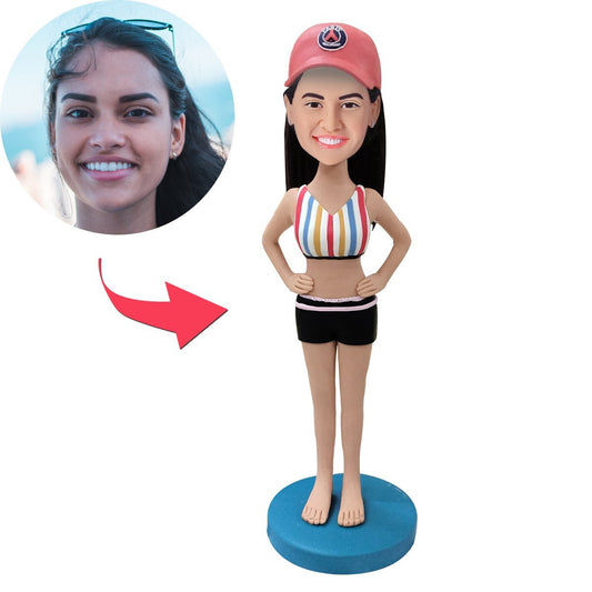 Polymer clay personalised woman in a stylish bathing suit custom bobblehead with engraved text on the base — hand-crafted personalised bobble head, ideal seaside keepsake for UK and Australia