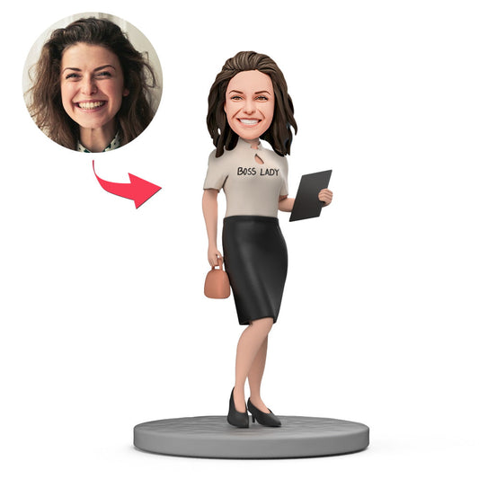 Personalised Boss Lady bobblehead in white blouse & skirt holding documents with engraved base — custom bobblehead gift, personalised bobbleheads (Australia)