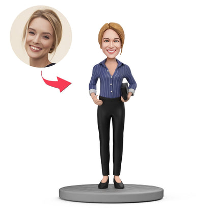Blue shirt and black trousers personalised bobblehead — polymer clay figurine with customised head from your photo and engraved text on the base, ideal bespoke gift for birthdays, anniversaries and Mother’s Day