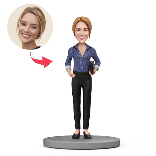 Blue shirt and black trousers personalised bobblehead — polymer clay figurine with customised head from your photo and engraved text on the base, ideal bespoke gift for birthdays, anniversaries and Mother’s Day