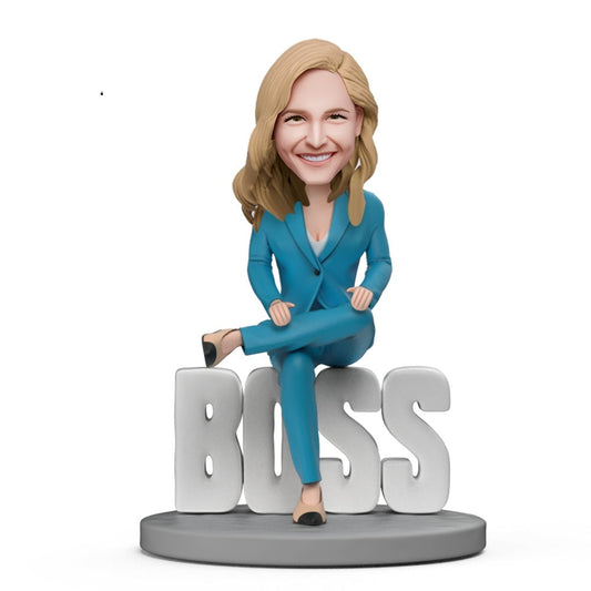 Domineering lady boss personalised bobblehead with engraved ‘WORLD BEST BOSS’ base – polymer clay desk ornament, custom head from photo