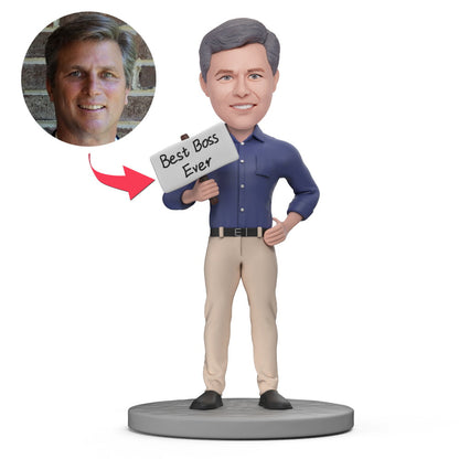 BEST BOSS EVER personalised polymer clay bobblehead with customised head likeness and engraved base — ideal personalised boss gift, retirement keepsake and office display