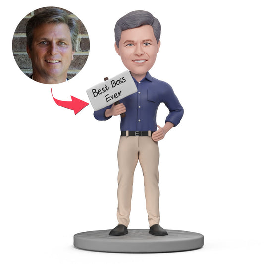 BEST BOSS EVER personalised polymer clay bobblehead with customised head likeness and engraved base — ideal personalised boss gift, retirement keepsake and office display